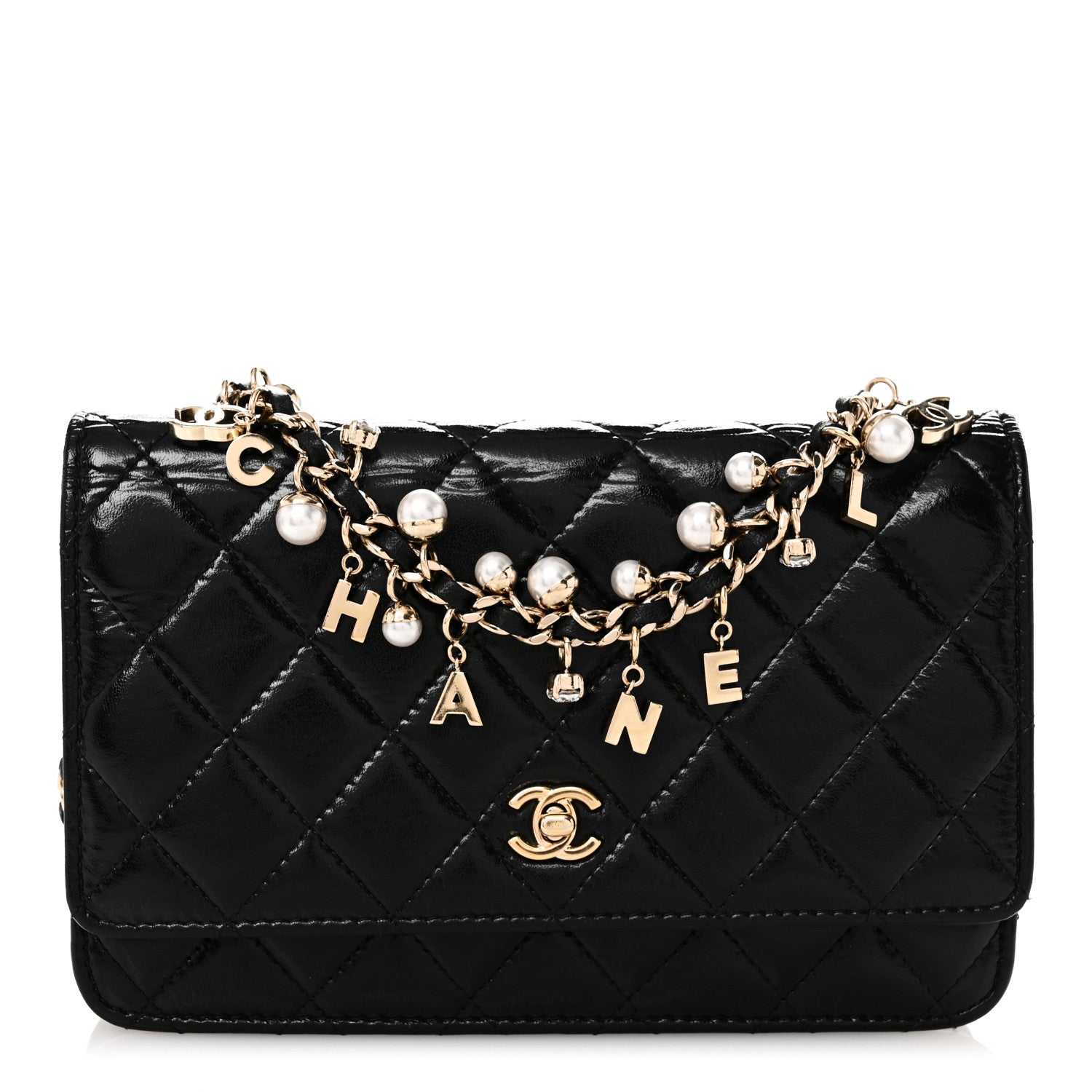 Chanel Shiny Calfskin Quilted Pearl Charms Wallet On Chain WOC Black 1 of 11