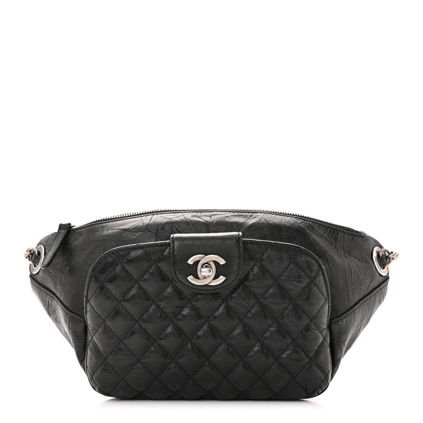 Crumpled Calfskin Quilted Casual Rock Waist Bag Fanny Pack Black