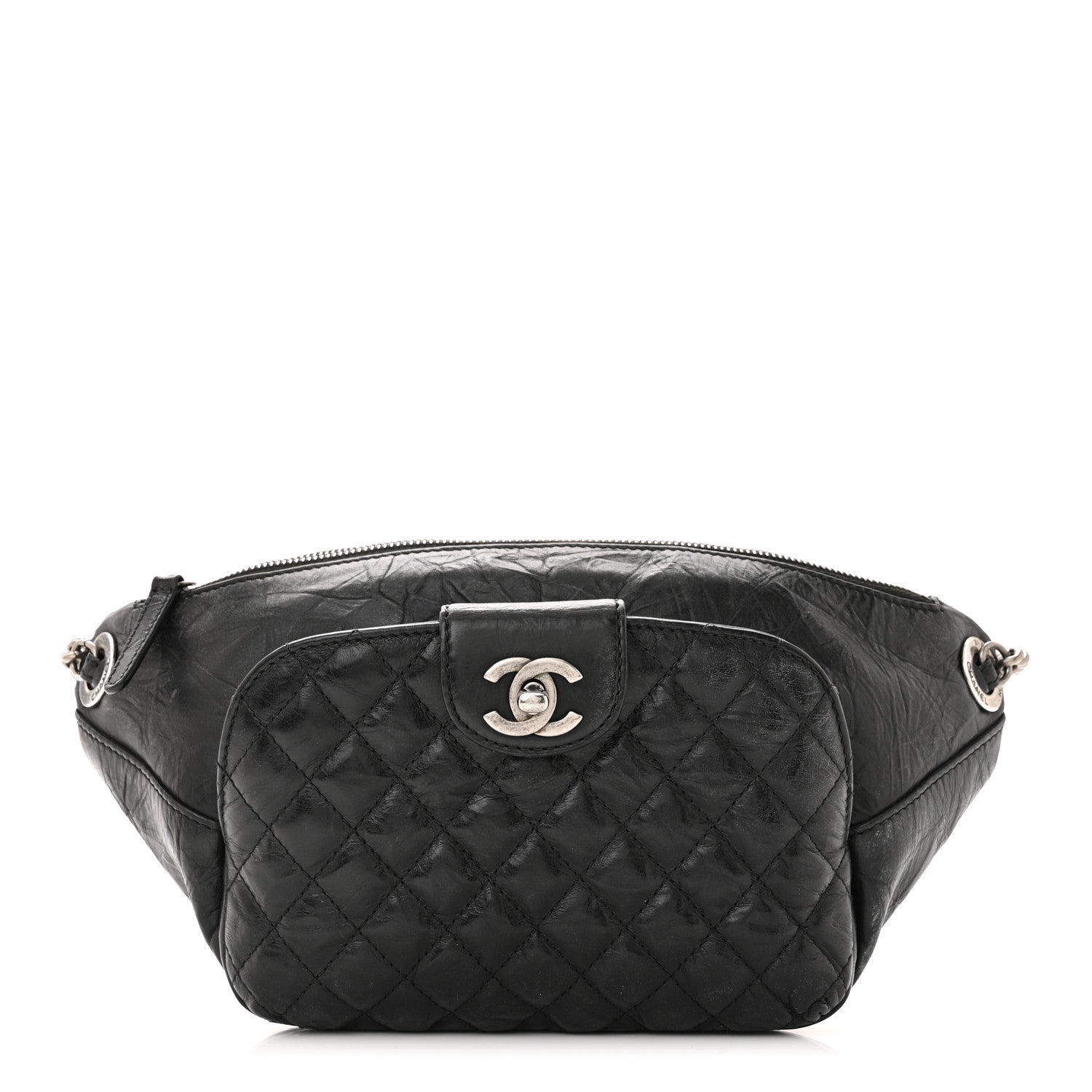 Chanel Crumpled Calfskin Quilted Casual Rock Waist Bag Fanny Pack Black 1 of 11