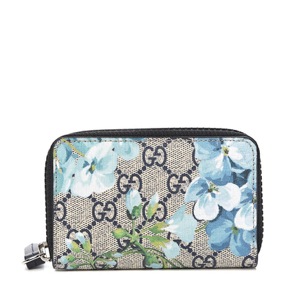 Gucci GG Supreme Monogram Blooms Zip Around Card Case Wallet Beige Blue Navy 1 of 6