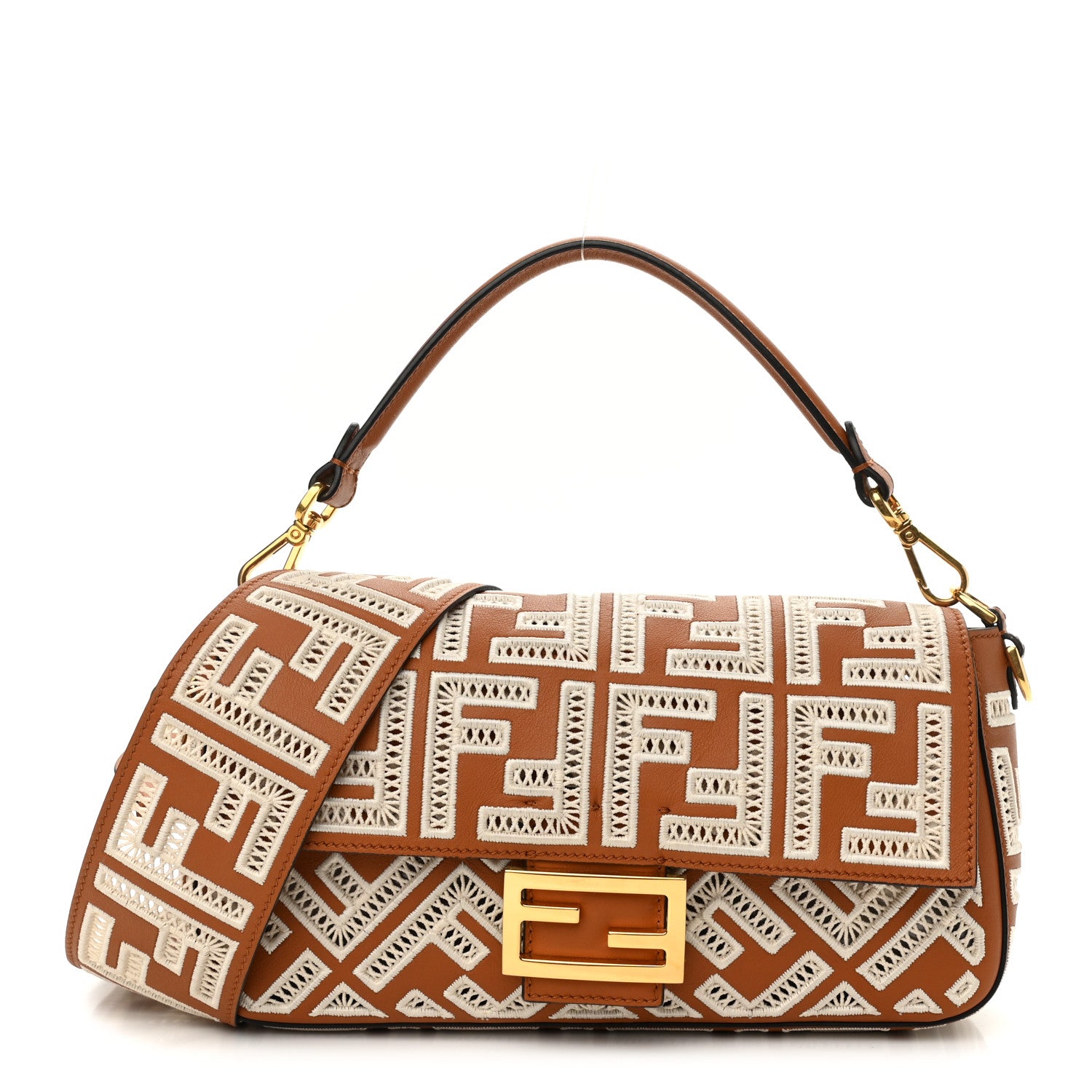 Fendi Vitello Seta FF Ajour Embroidered Baguette Brandy 1 of 14
