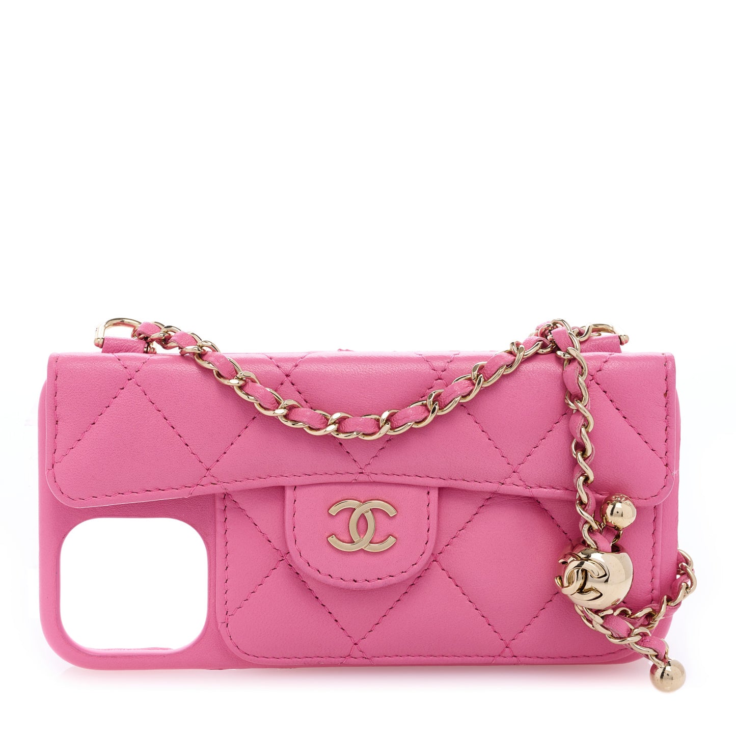 Lambskin Quilted iPhone XII Case With Chain Pink