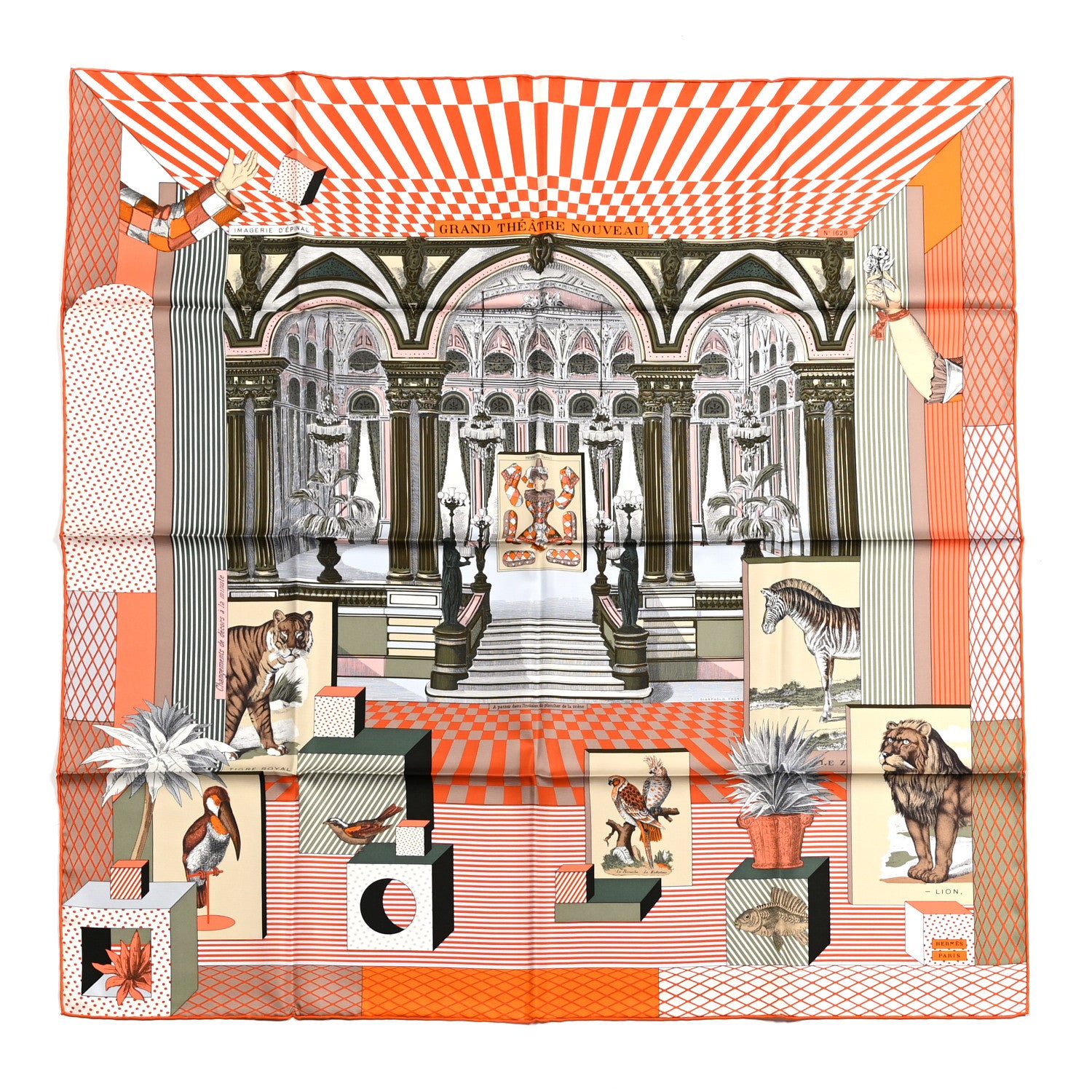 Hermes Silk Grand Theatre Nouveau Scarf 90 Orange Kaki White 1 of 6