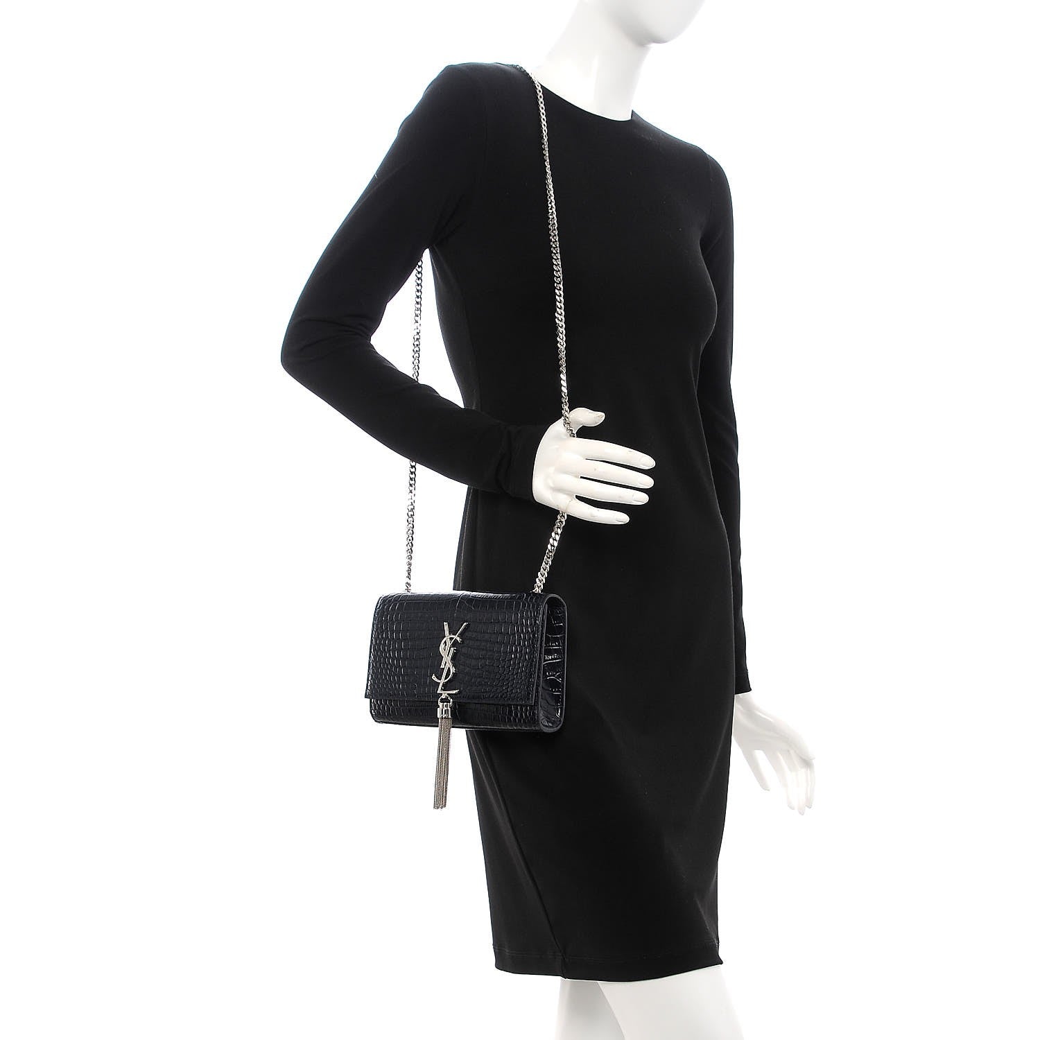 Saint Laurent Calfskin Crocodile Embossed Small Classic Monogram Kate Tassel Satchel Navy 2 of 7