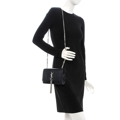 Saint Laurent Calfskin Crocodile Embossed Small Classic Monogram Kate Tassel Satchel Navy 2 of 7
