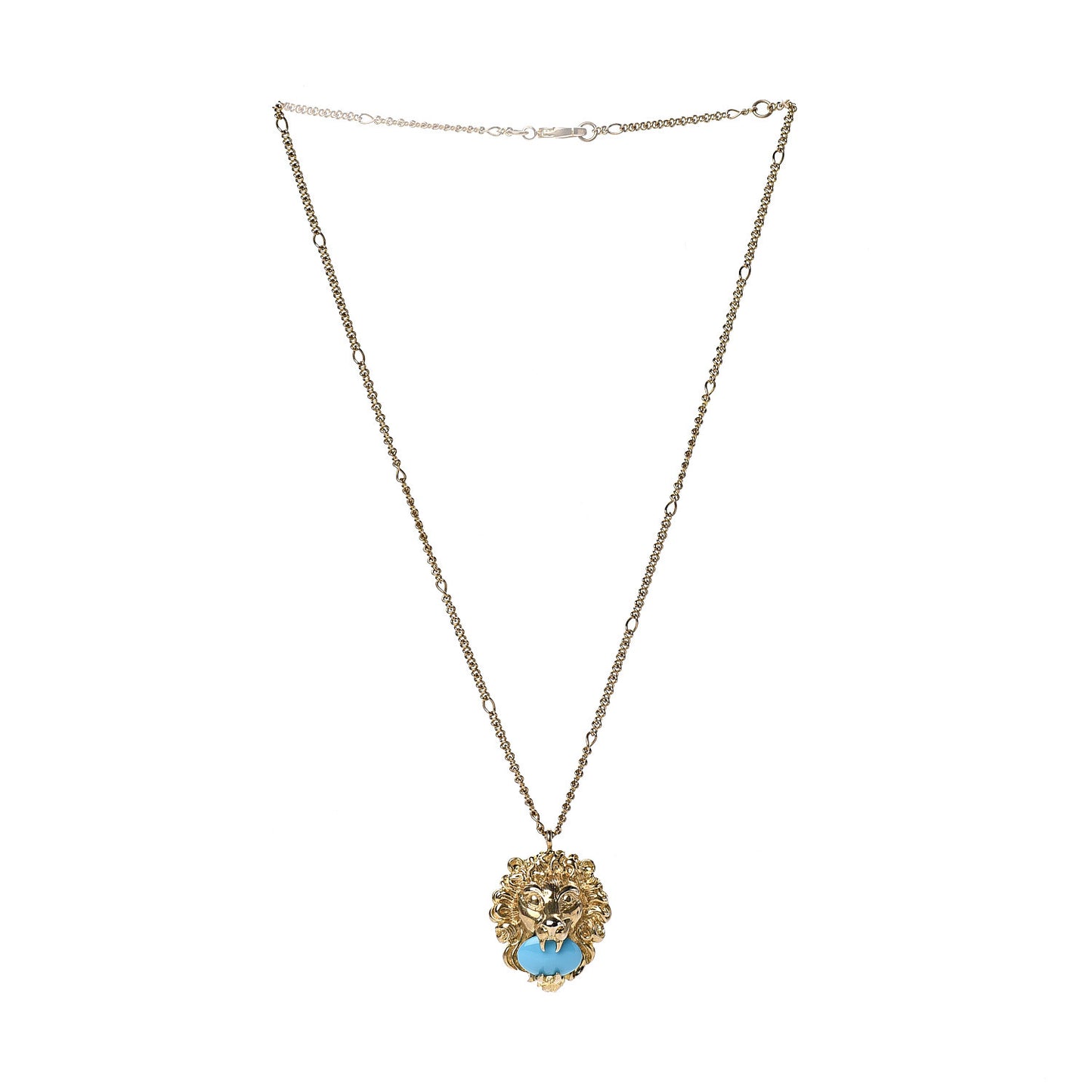 Metal Brass Swarovski Lion Head Necklace Gold Turquoise