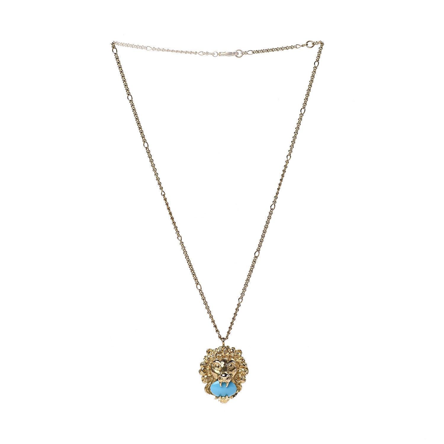 Gucci Metal Brass Swarovski Lion Head Necklace Gold Turquoise 2 of 6