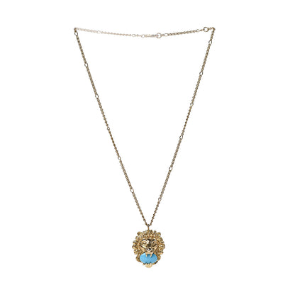 Gucci Metal Brass Swarovski Lion Head Necklace Gold Turquoise 2 of 6