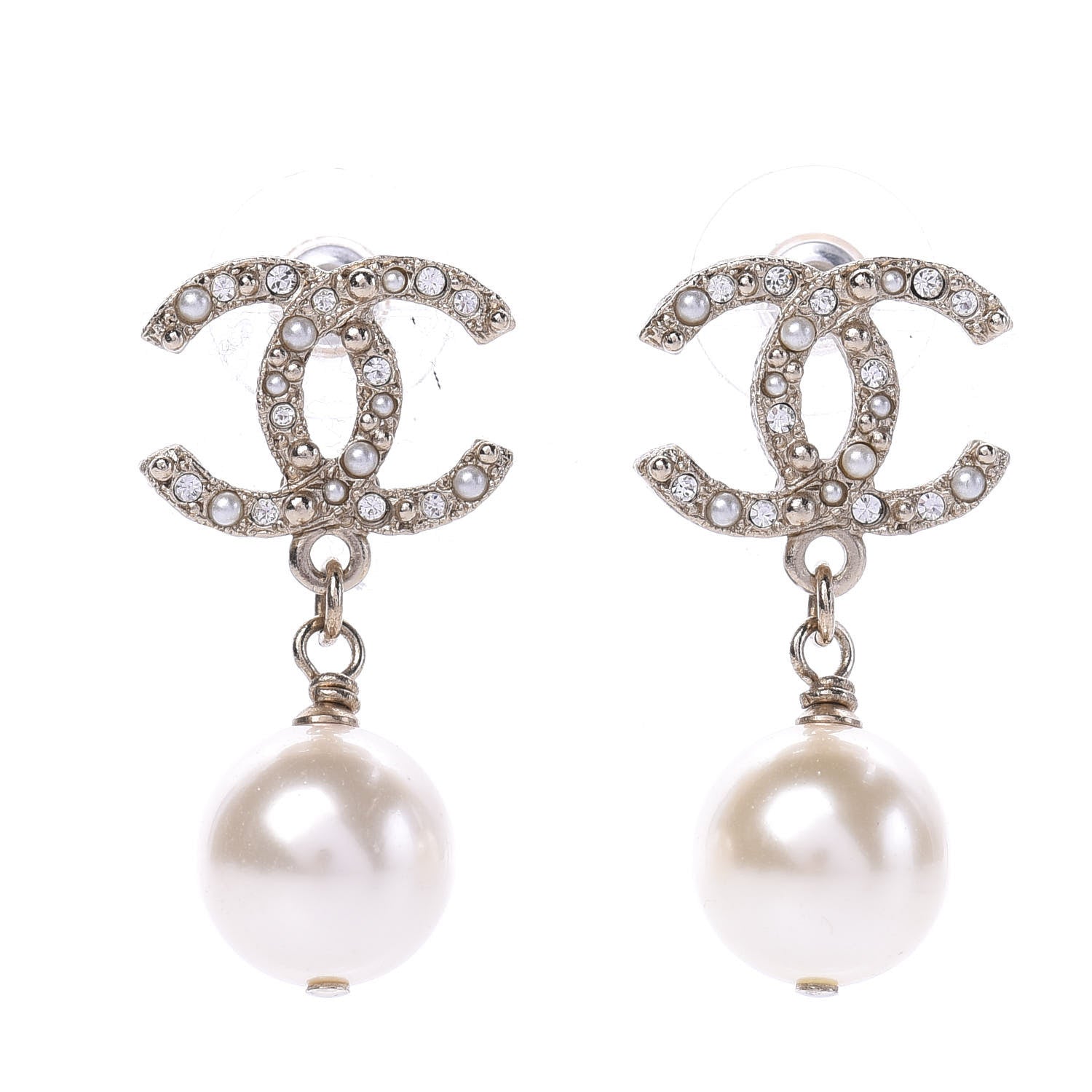 Chanel Crystal Pearl CC Drop Earrings Gold 1 of 5