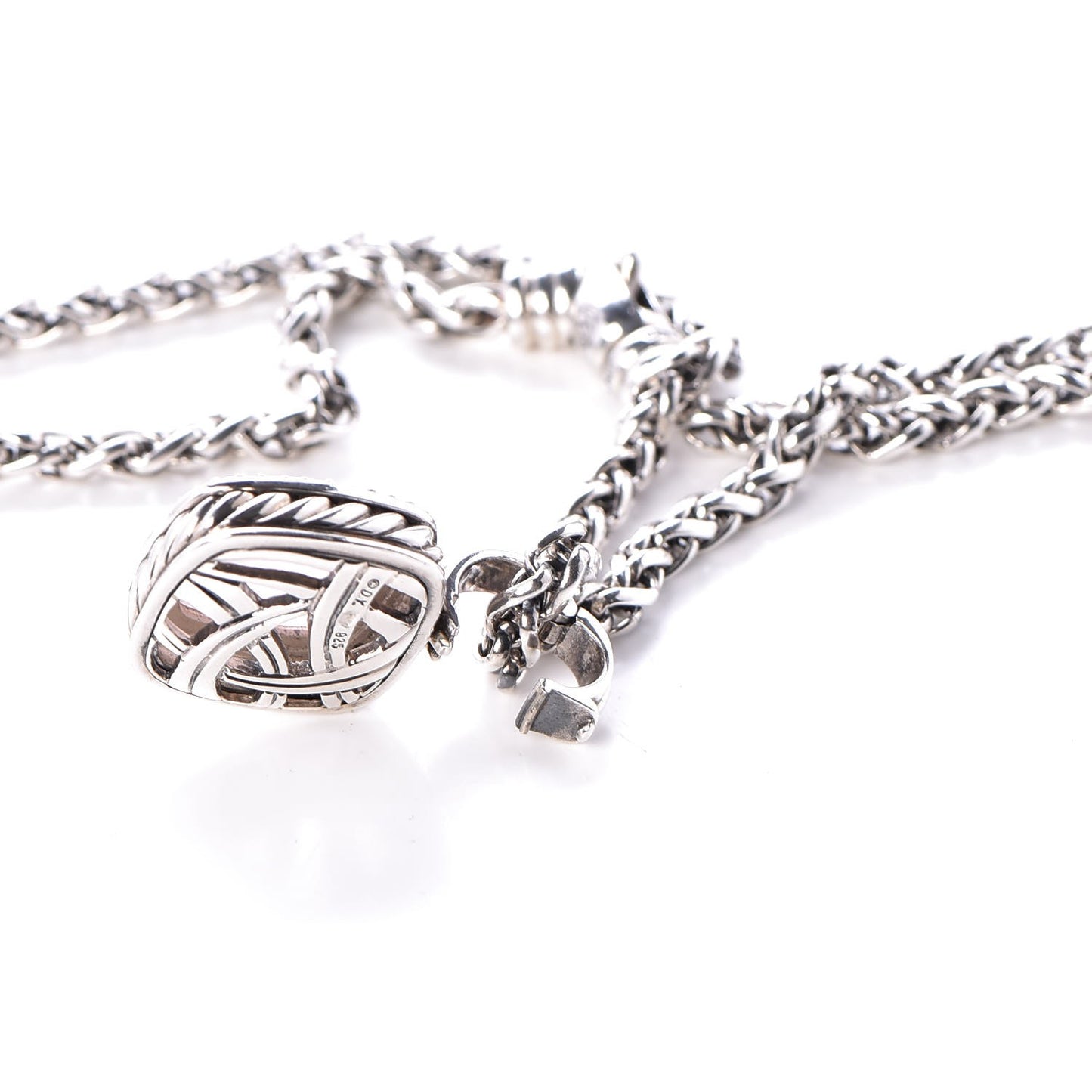 Sterling Silver Pave Diamond Rose Quartz 14mm Albion Enhancer Pendant Necklace