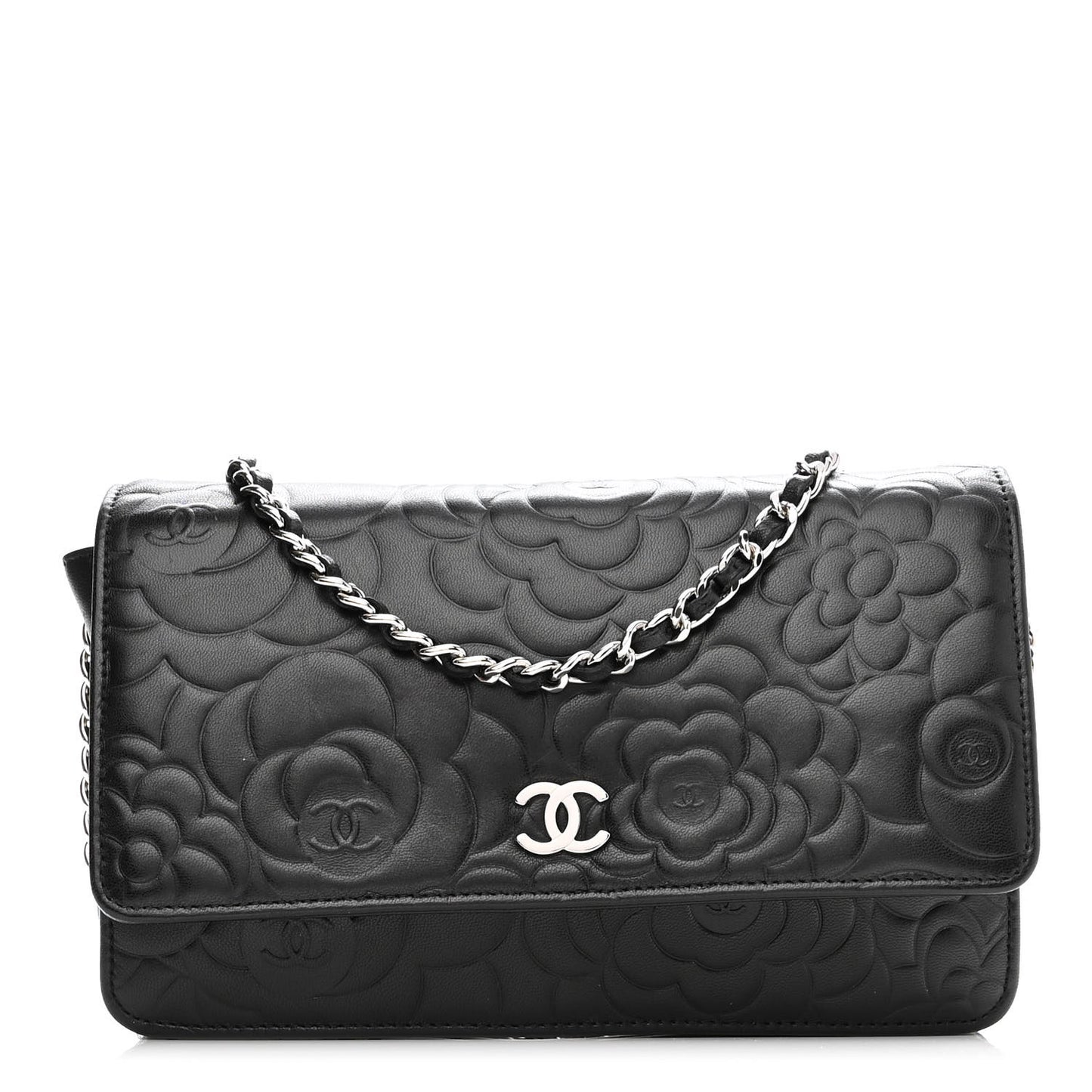 Lambskin Camellia Embossed Wallet With Chain WOC Black