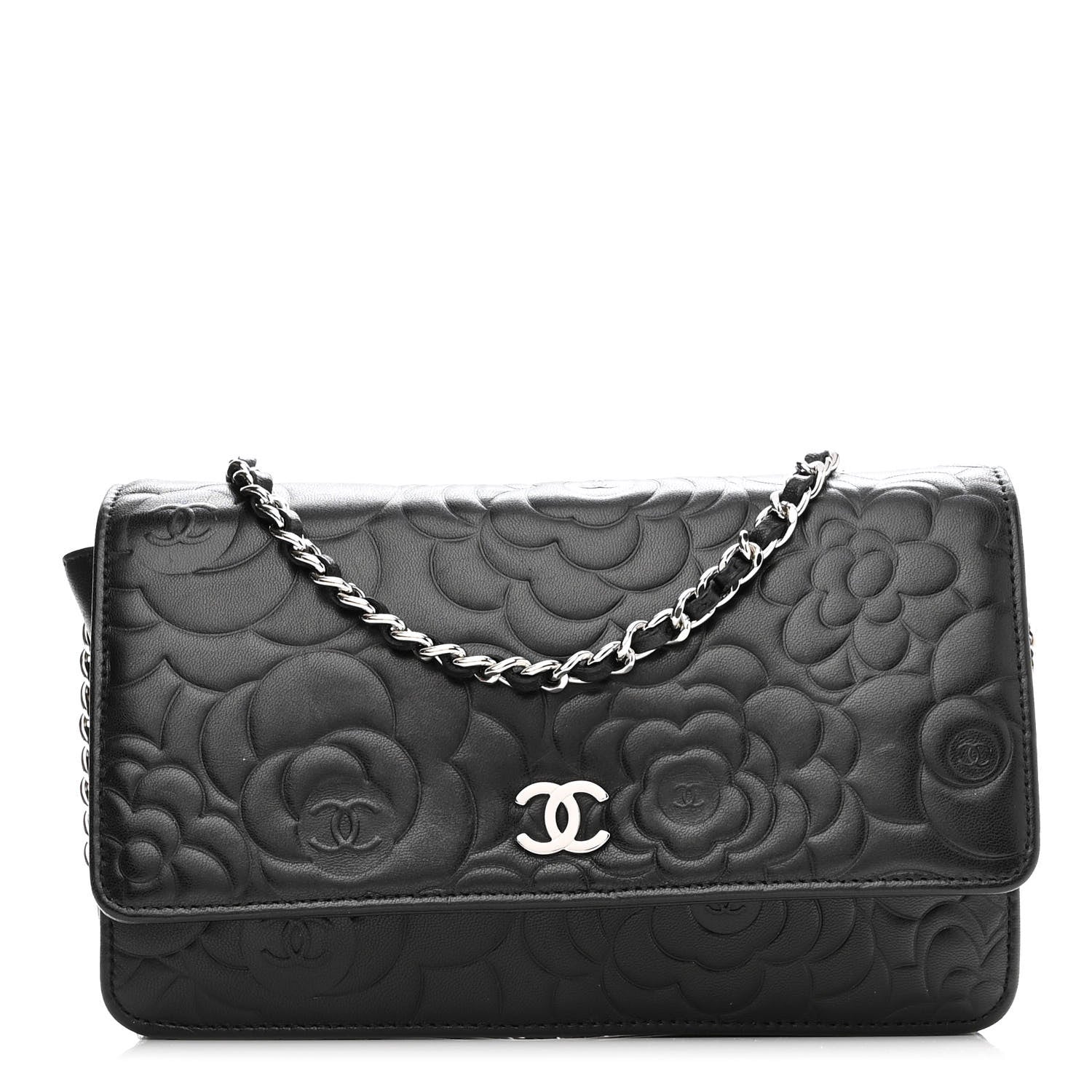 Chanel Lambskin Camellia Embossed Wallet With Chain WOC Black 1 of 12