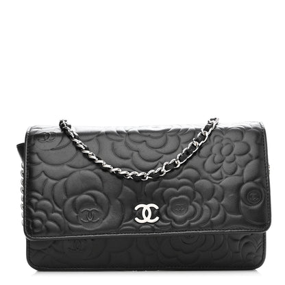 Chanel Lambskin Camellia Embossed Wallet With Chain WOC Black 1 of 12
