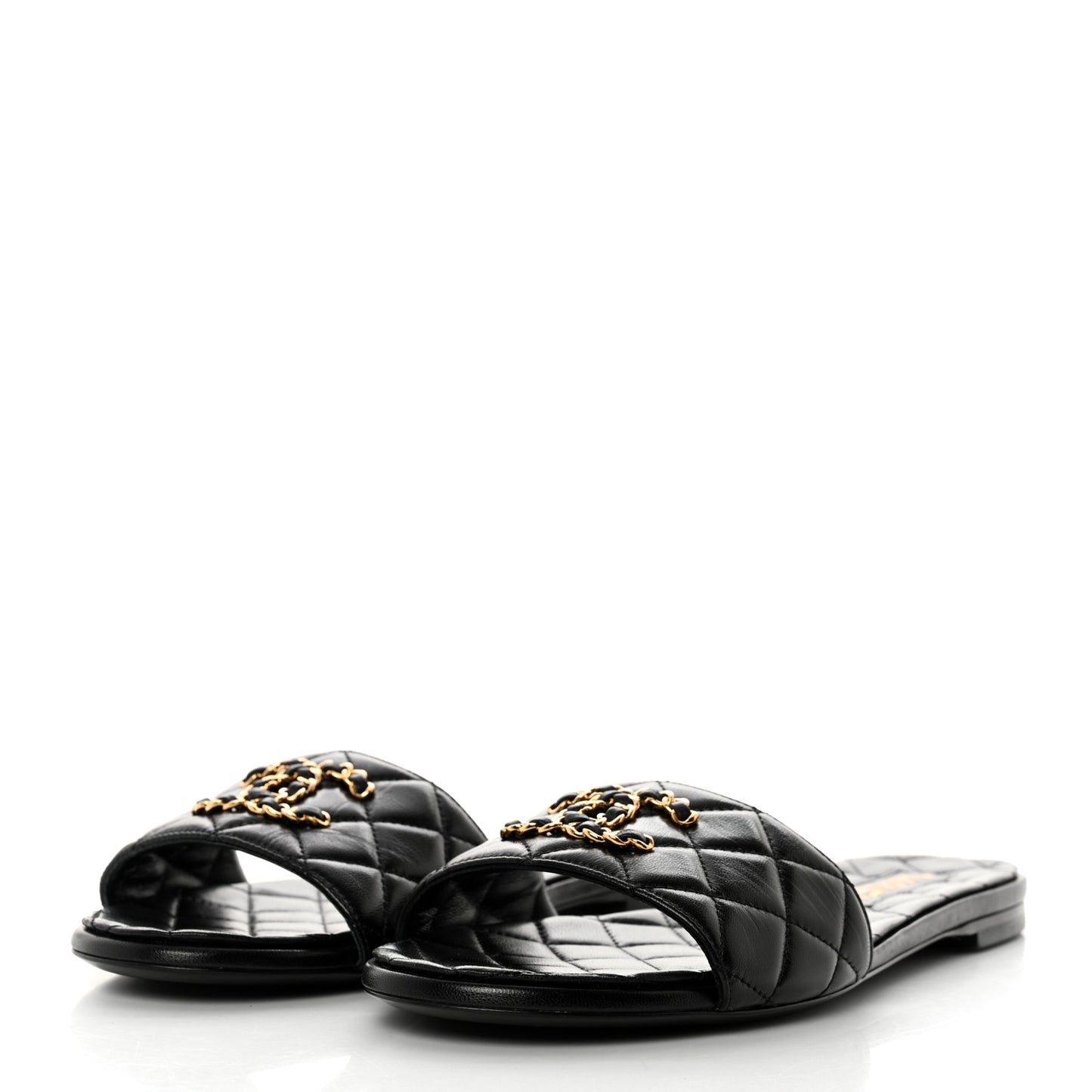 Shiny Goatskin Quilted CC Mules Sandals 40 Black