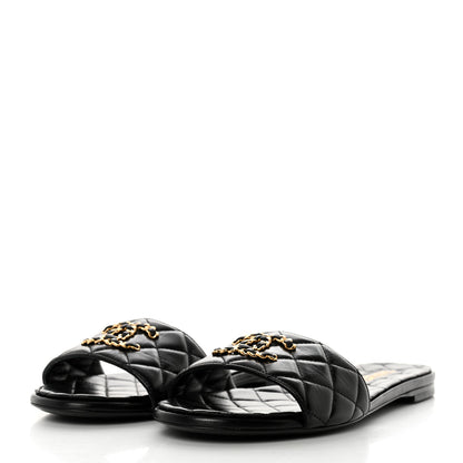 Chanel Shiny Goatskin Quilted CC Mules Sandals 40 Black 3 of 9