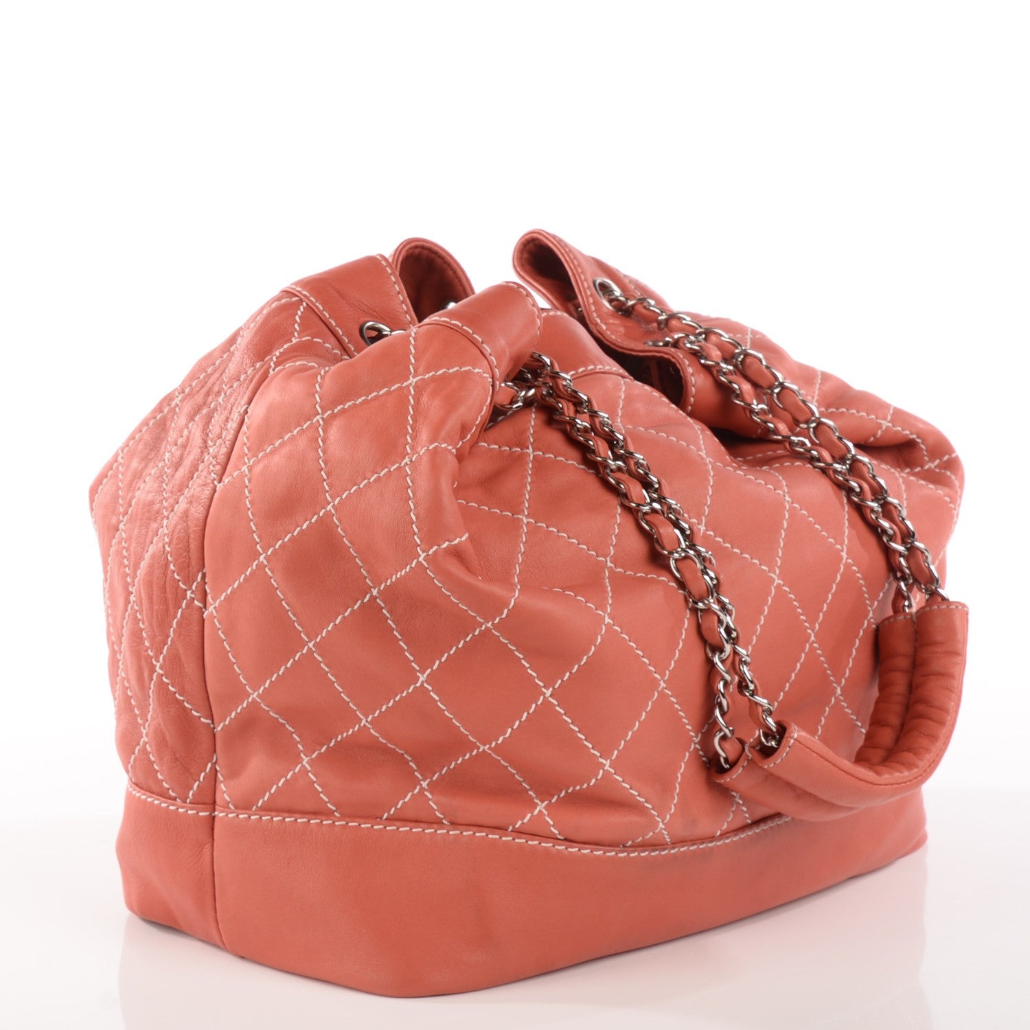 Chanel Lambskin Contrast Stitch Large Drawstring Tote Coral 3 of 7