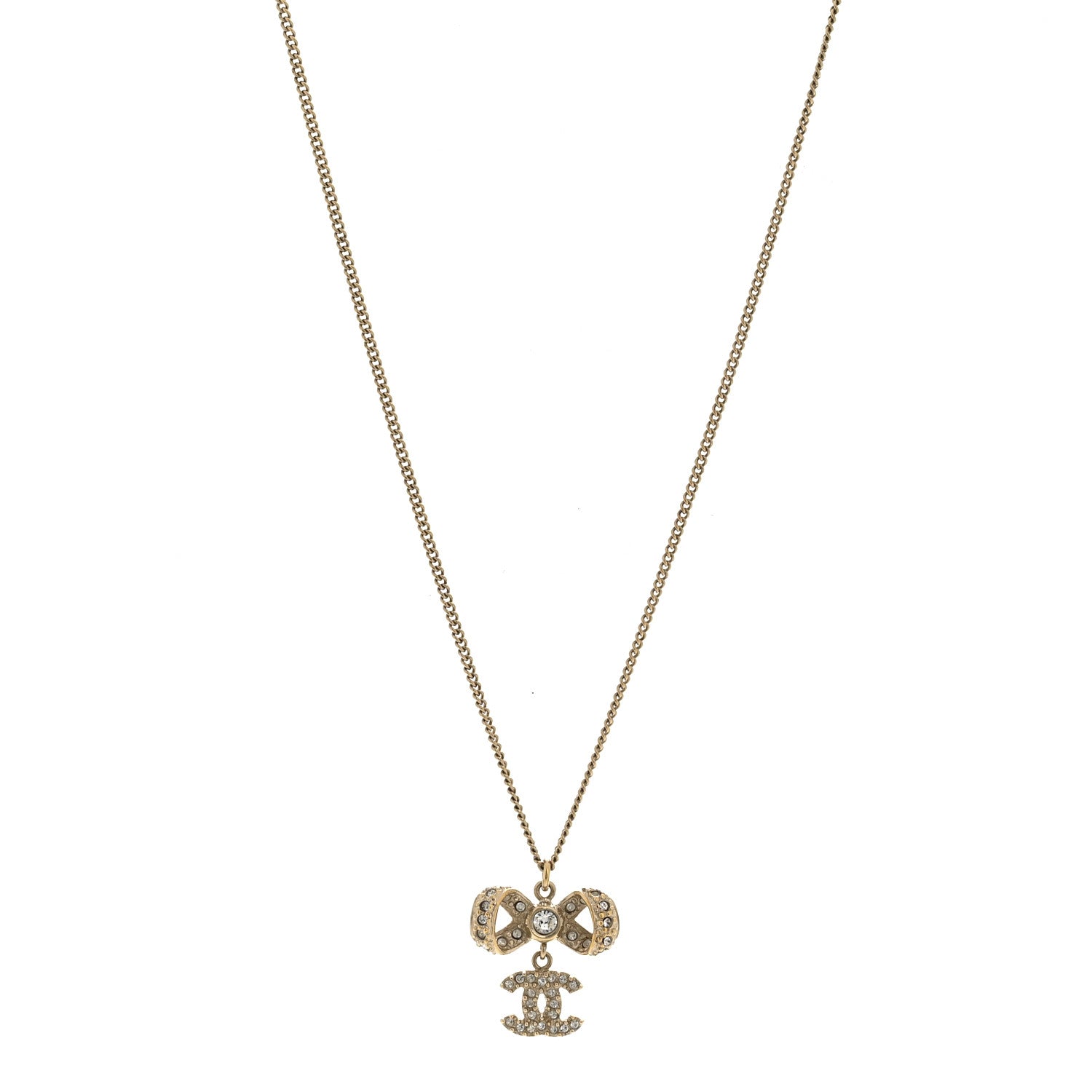 Chanel Metal Crystal CC Bow Drop Necklace Gold 1 of 5