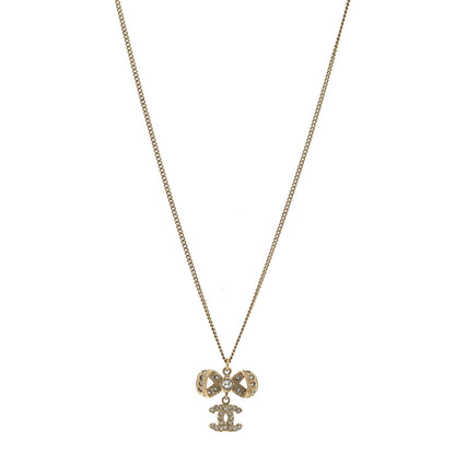 Chanel Metal Crystal CC Bow Drop Necklace Gold 1 of 5