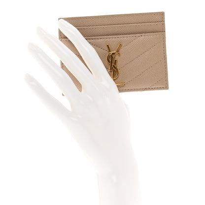 Saint Laurent Grain De Poudre Matelasse Chevron Monogram Credit Card Case Dark Beige 2 of 7