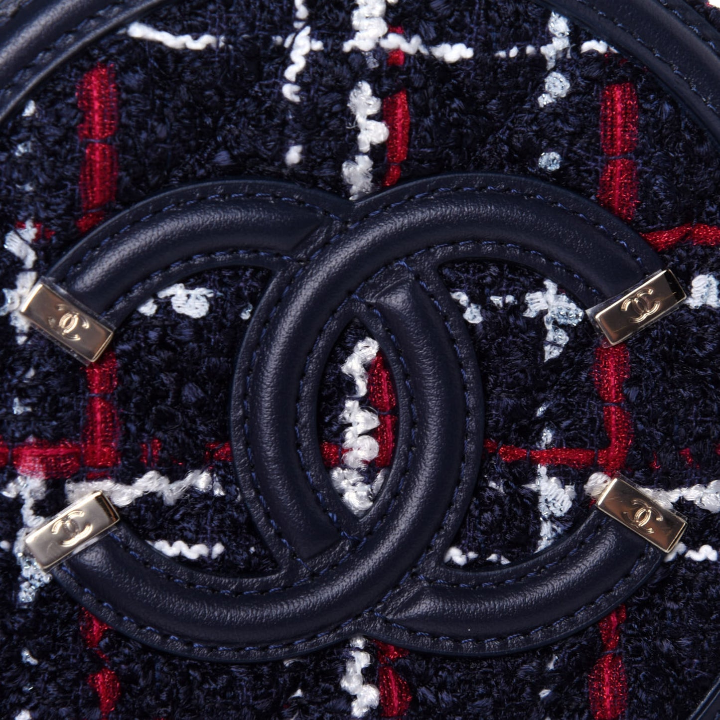 Tweed Quilted Round Filigree Clutch With Chain Navy Blue