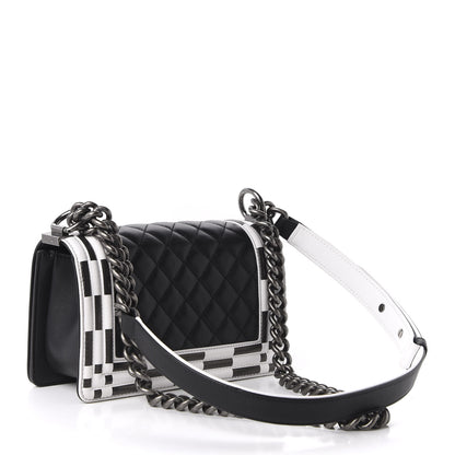 Chanel Calfskin Checkerboard Trim Small Boy Flap Black White 3 of 10