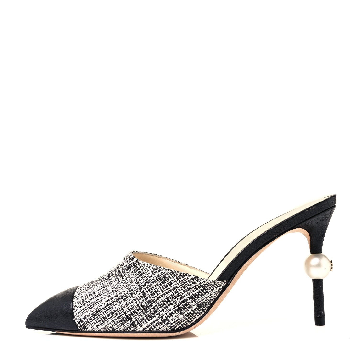 Chanel Tweed Goatskin Pearl Mules 36.5 Black White 1 of 8