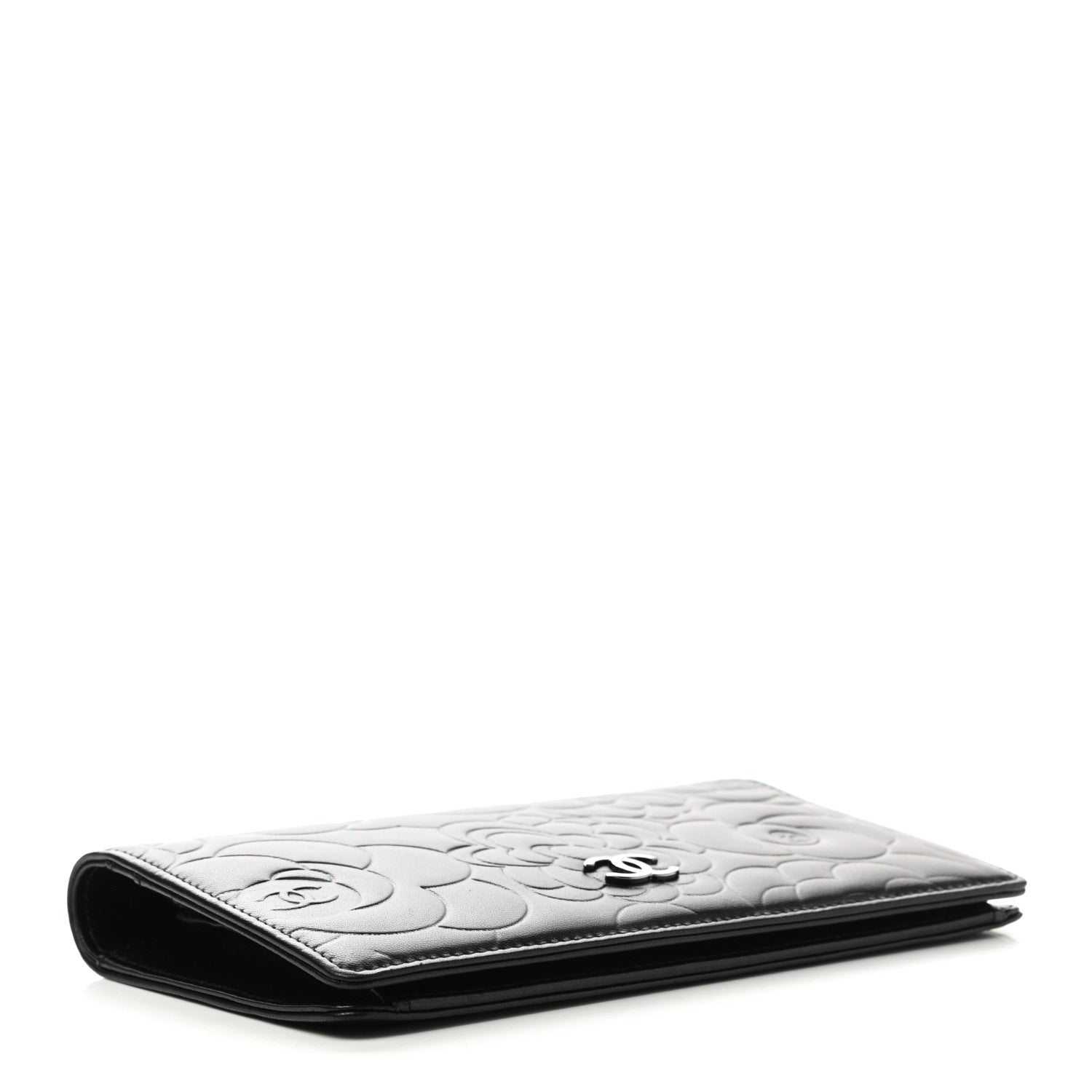 Chanel Lambskin Camellia Embossed Yen Wallet Black 4 of 10