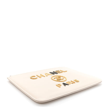 Chanel Shiny Calfskin Crystal Pearl Logo Cosmetic Case White 4 of 10
