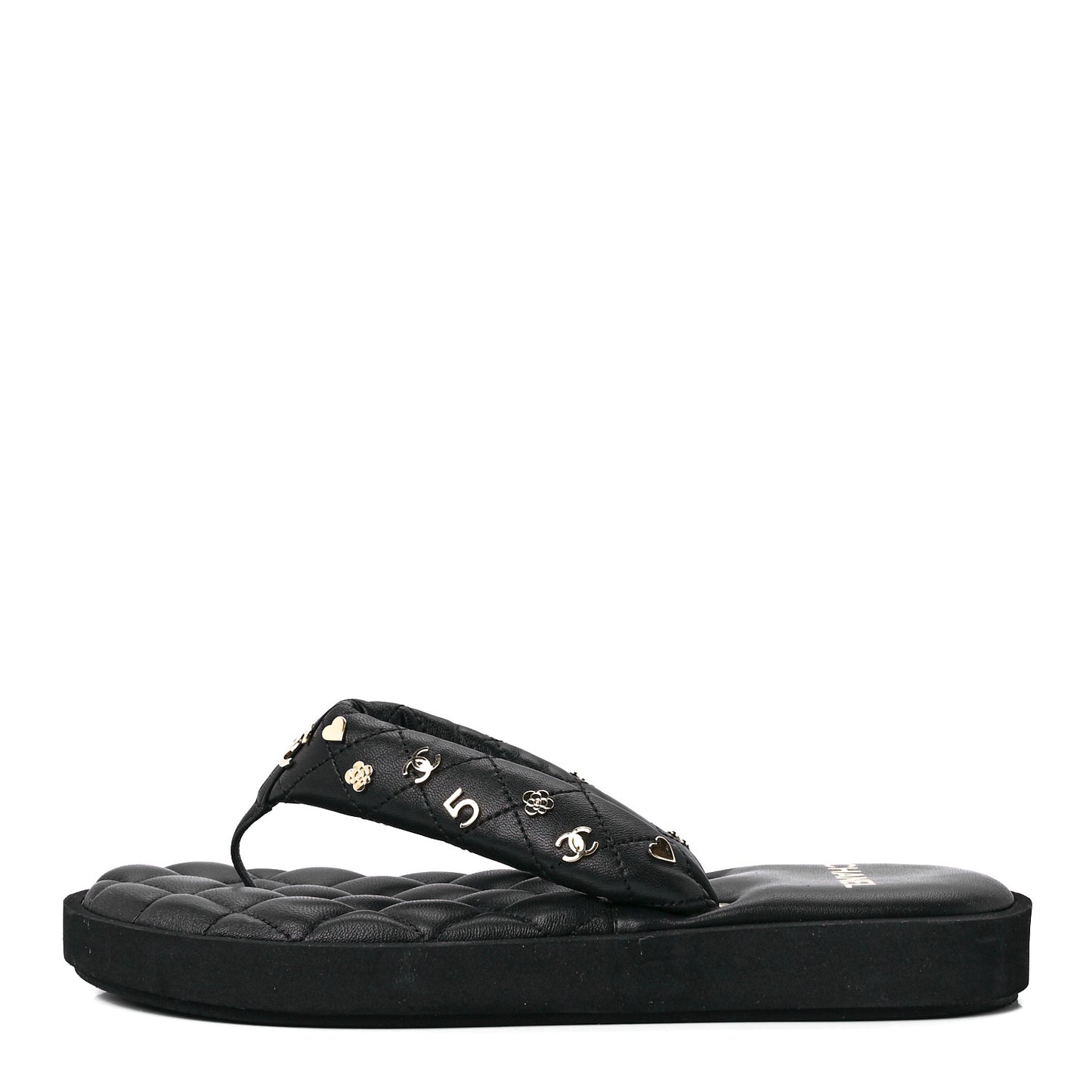 Lambskin Quilted Padded Charms Thong Sandals 39 Black