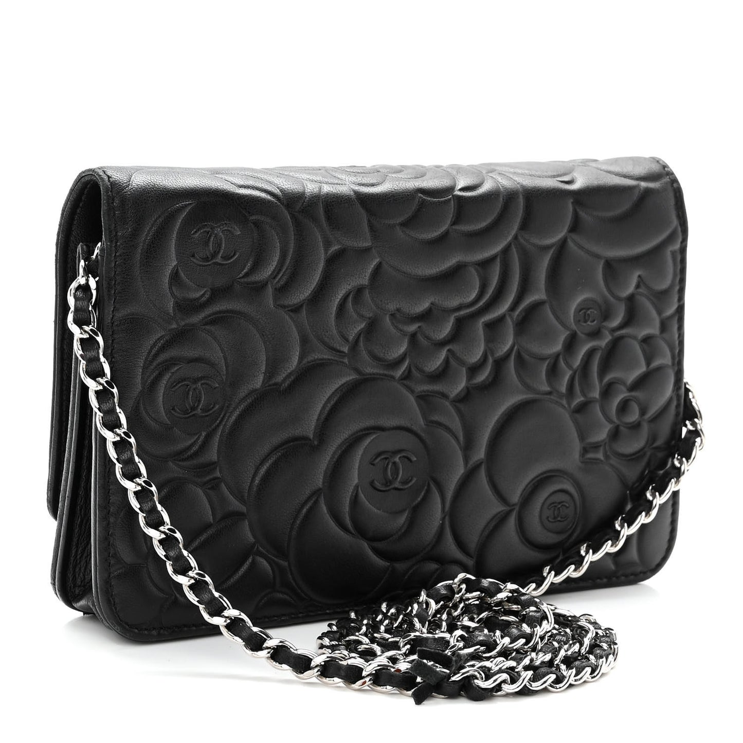 Lambskin Camellia Embossed Wallet on Chain WOC Black