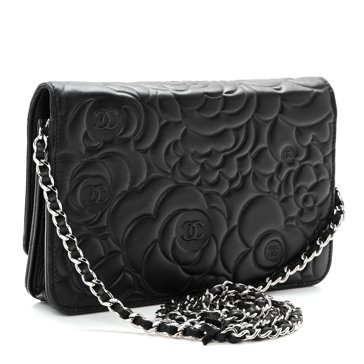 Chanel Lambskin Camellia Embossed Wallet on Chain WOC Black 3 of 12