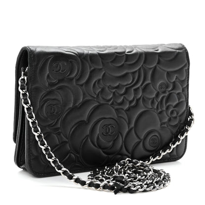 Chanel Lambskin Camellia Embossed Wallet on Chain WOC Black 3 of 12