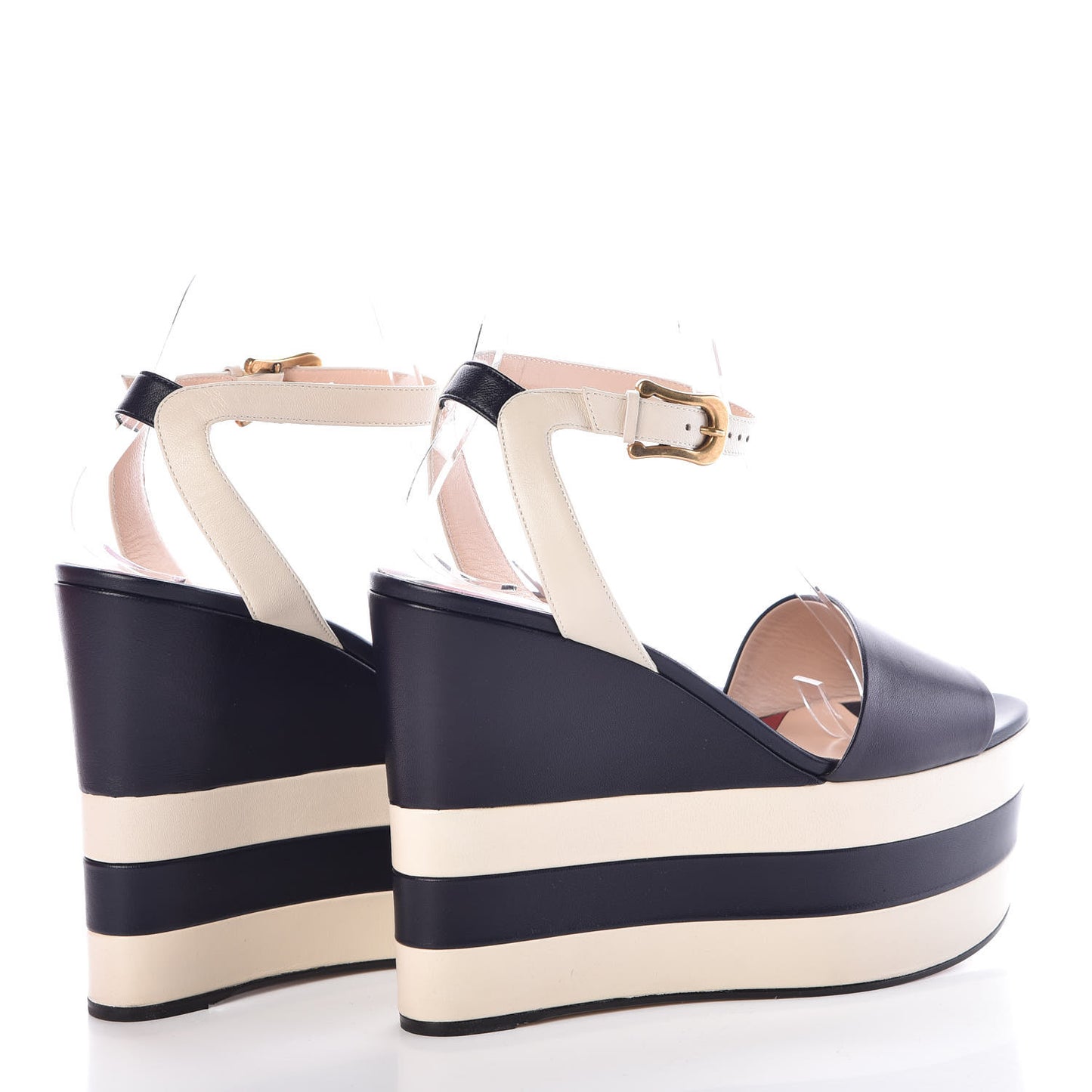 Calfskin Sally Striped Platform Wedge Sandals 39.5 Navy Ivory