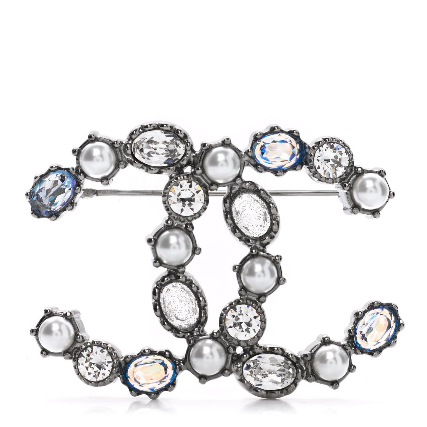 Crystal Pearl CC Brooch Silver Blue