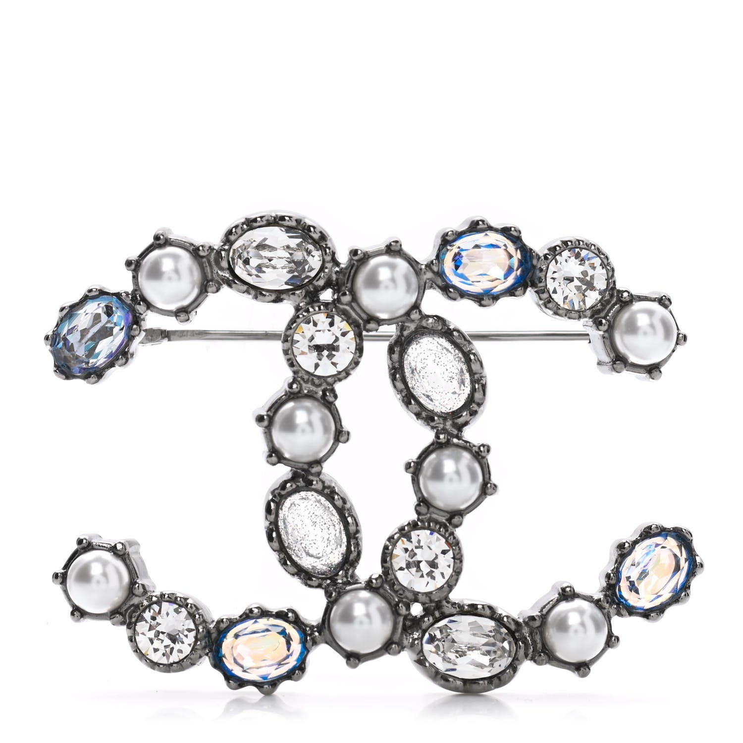Chanel Crystal Pearl CC Brooch Silver Blue 1 of 5