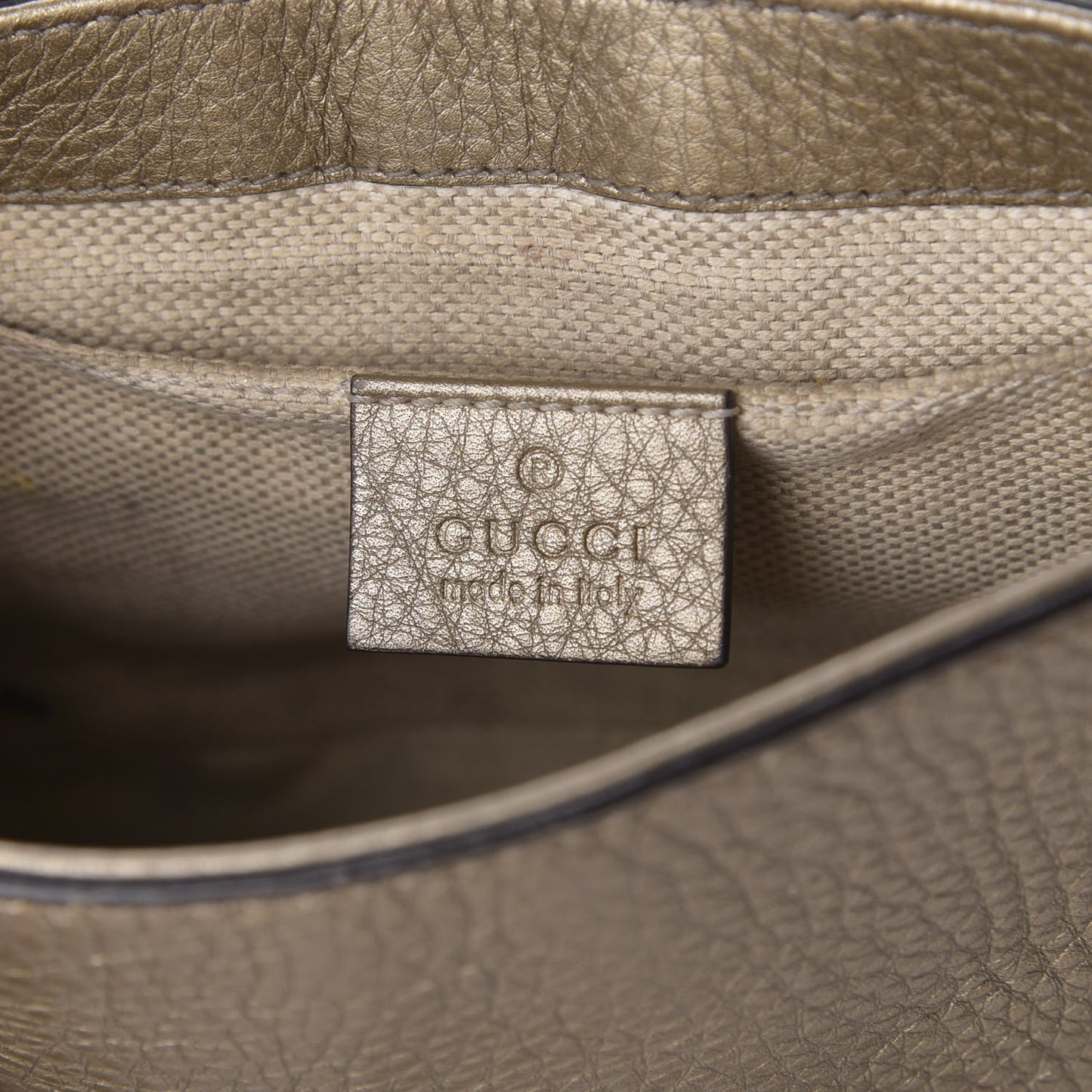 Metallic Pebbled Calfskin Small Soho Flap Crossbody Golden Beige