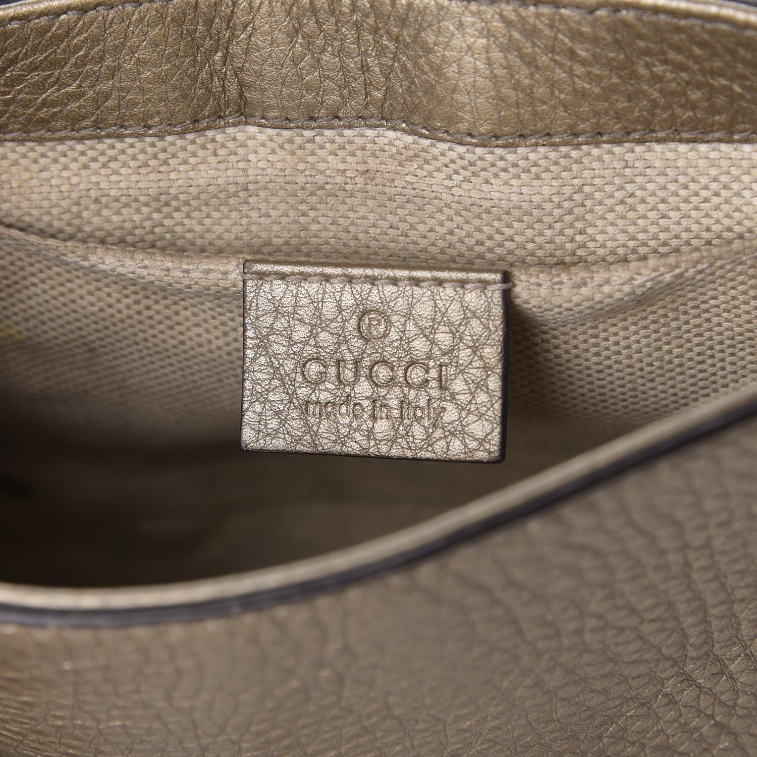 Gucci Metallic Pebbled Calfskin Small Soho Flap Crossbody Golden Beige 5 of 12