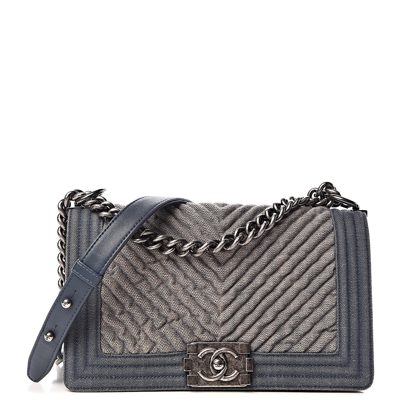 Denim Chevron Quilted Medium Boy Flap Blue