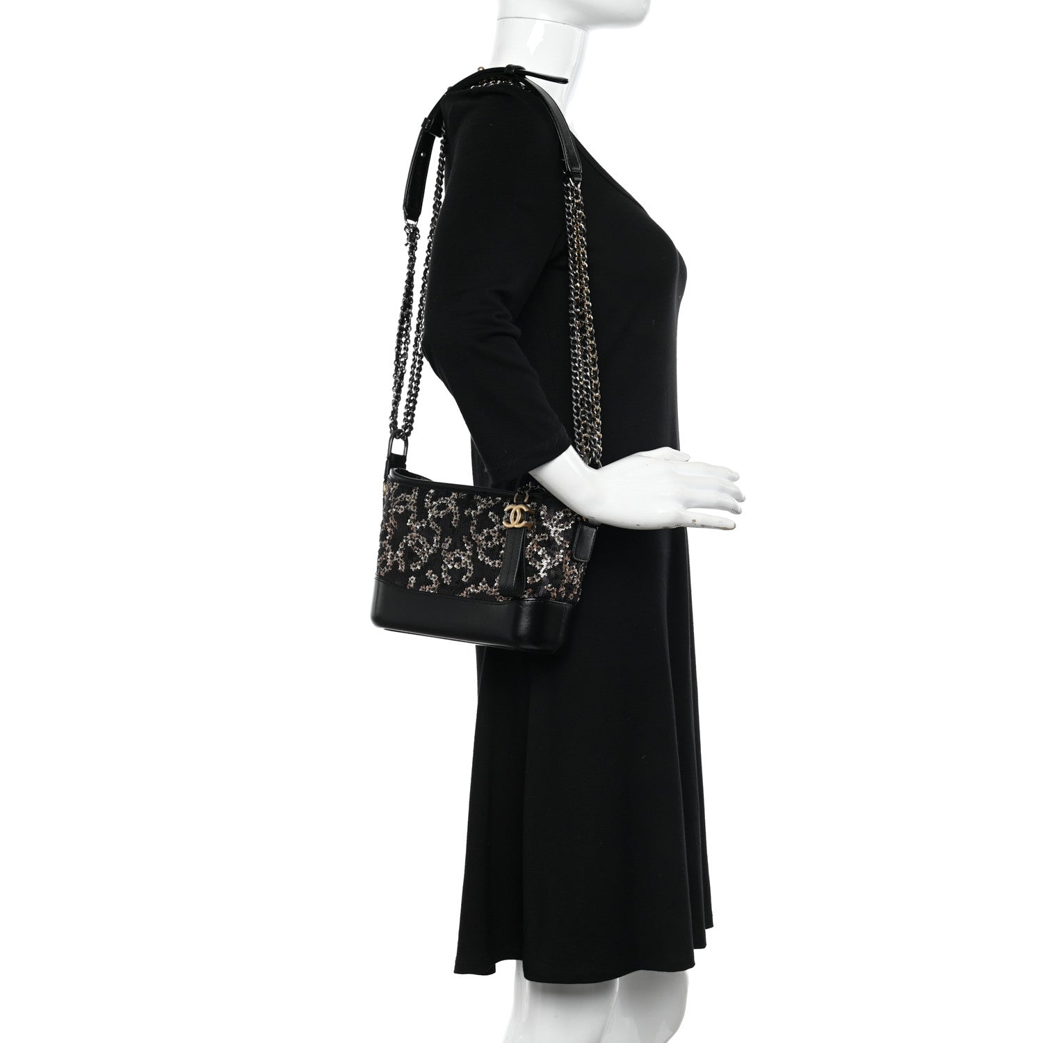 Chanel Sequin Calfskin Small Gabrielle Hobo Black Gold 2 of 9