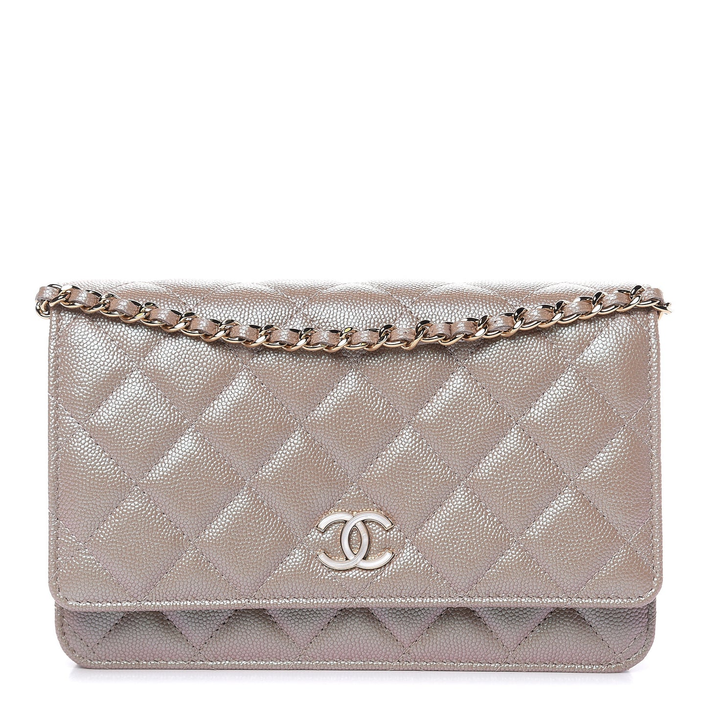 Iridescent Caviar Quilted Wallet On Chain WOC Beige