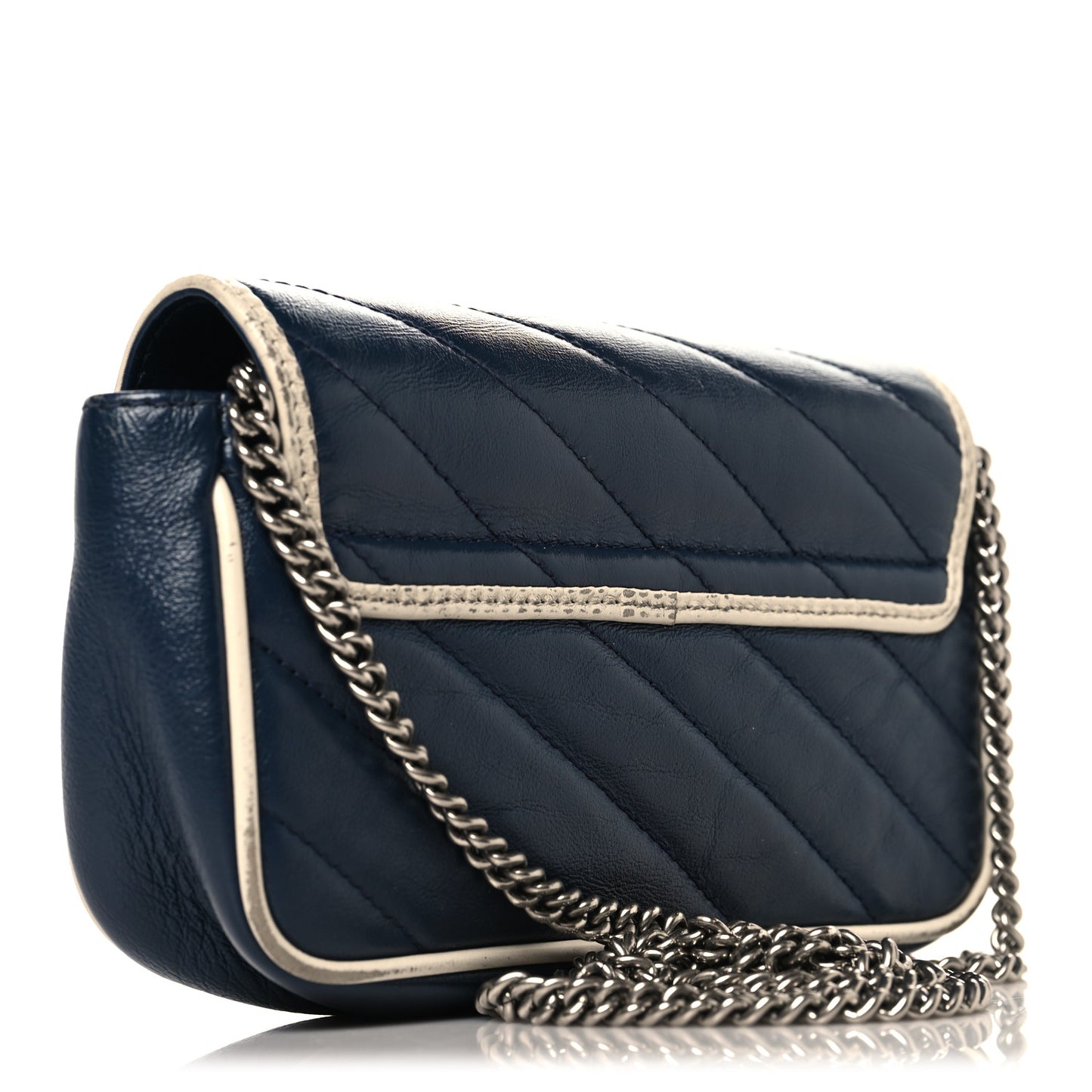 Vintage Effect Calfskin Matelasse Diagonal Super Mini Torchon GG Marmont Shoulder Bag Blue Agata Mystic White