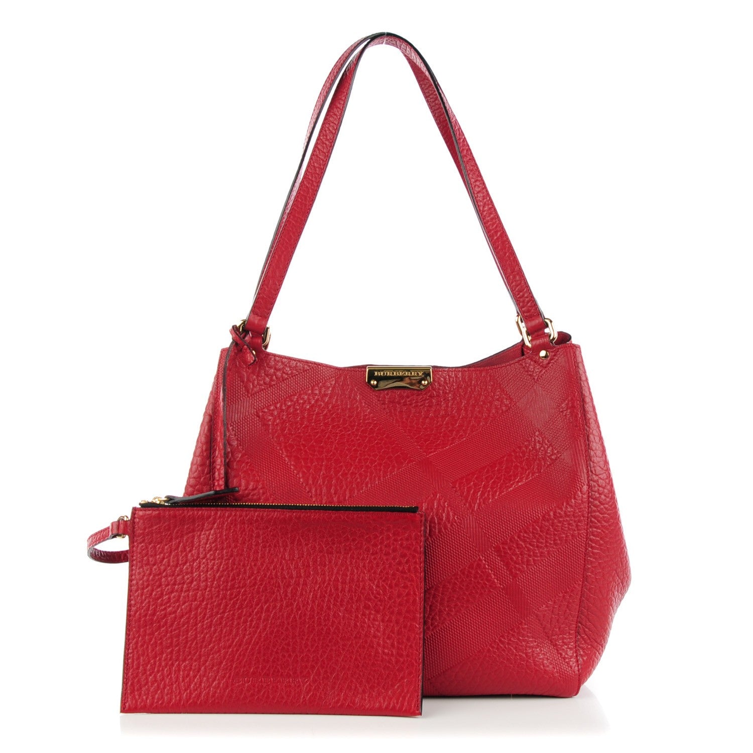 Burberry Signature Grain Calfskin Check Embossed Small The Canter Tote Military Red 1 of 9
