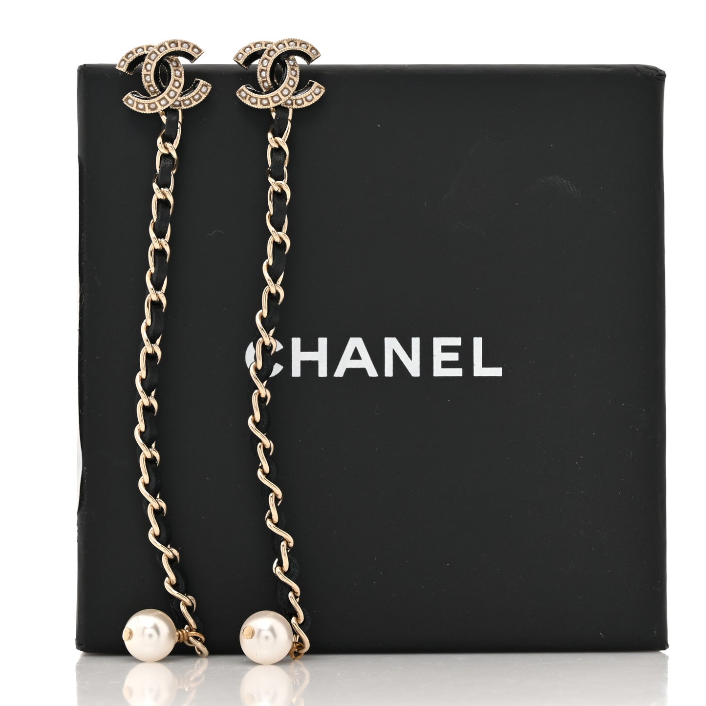 Lambskin Pearl Chain CC Drop Earrings Gold Black Pearly White