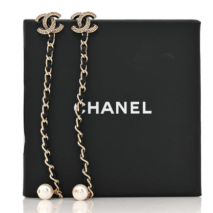 Chanel Lambskin Pearl Chain CC Drop Earrings Gold Black Pearly White 5 of 5