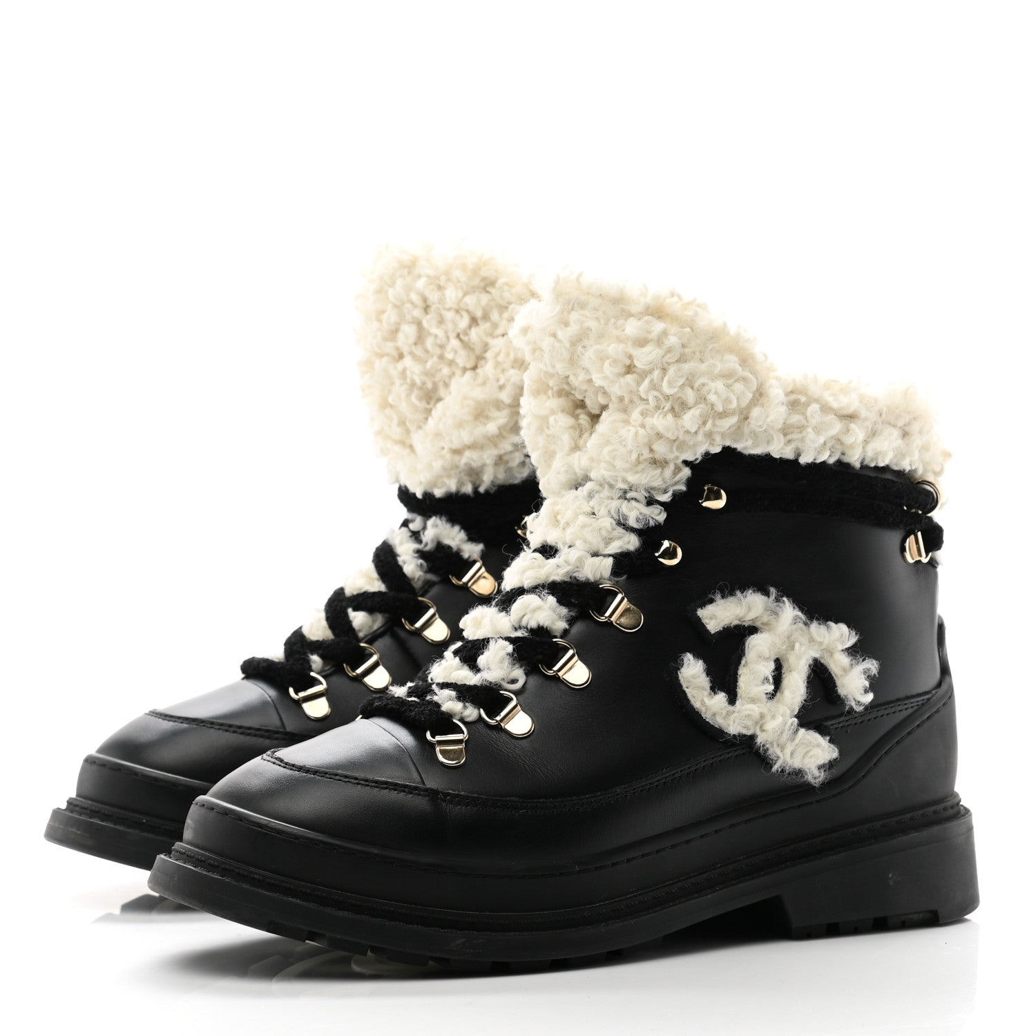 Chanel Calfskin Shearling CC Lace Up Boots 38 Black 3 of 11