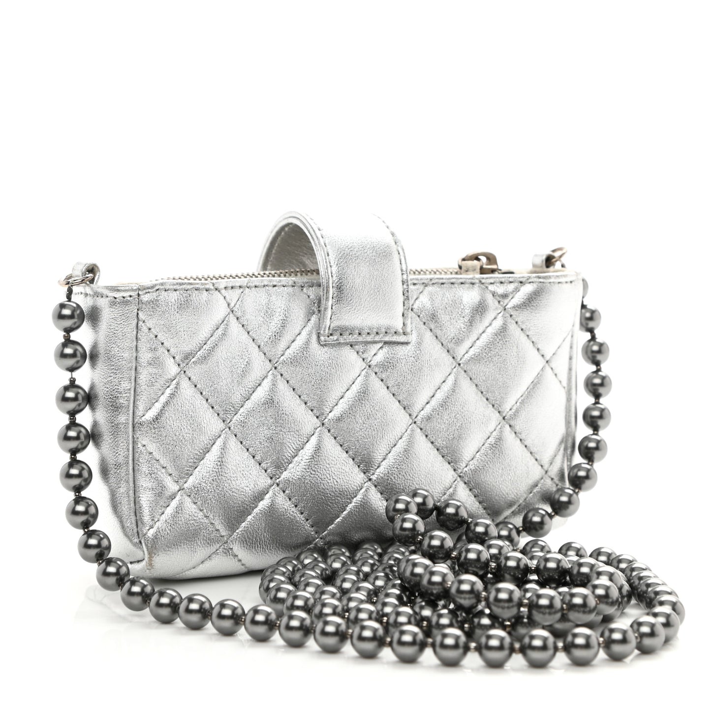 Metallic Lambskin Quilted Pearl Chain Mini Love Symbols Bag Silver
