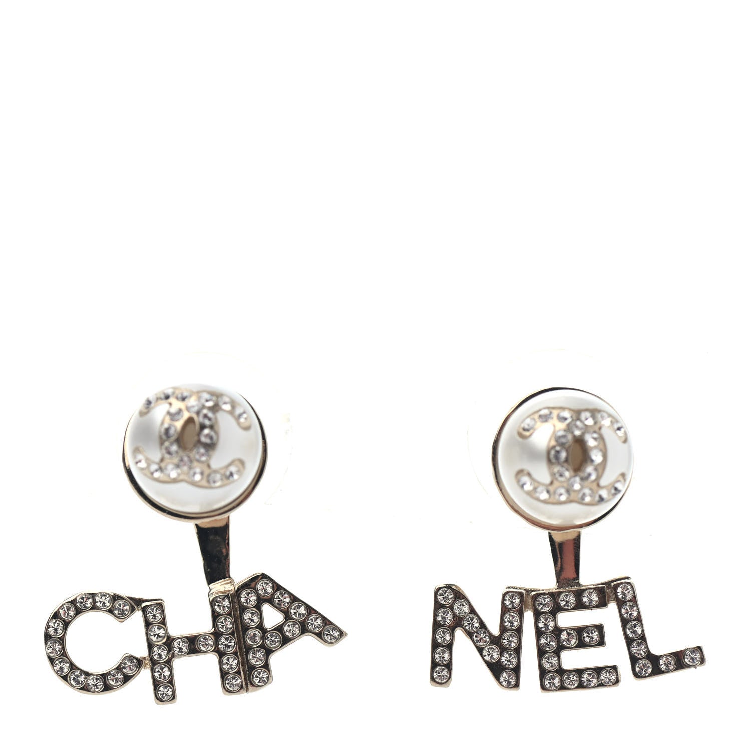 Chanel Pearl Crystal Logo Earrings Gold Pearly White 1 of 4