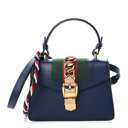 Gucci Vitello Fontanella Web Mini Sylvie Top Handle Bag Blue Agata 1 of 9