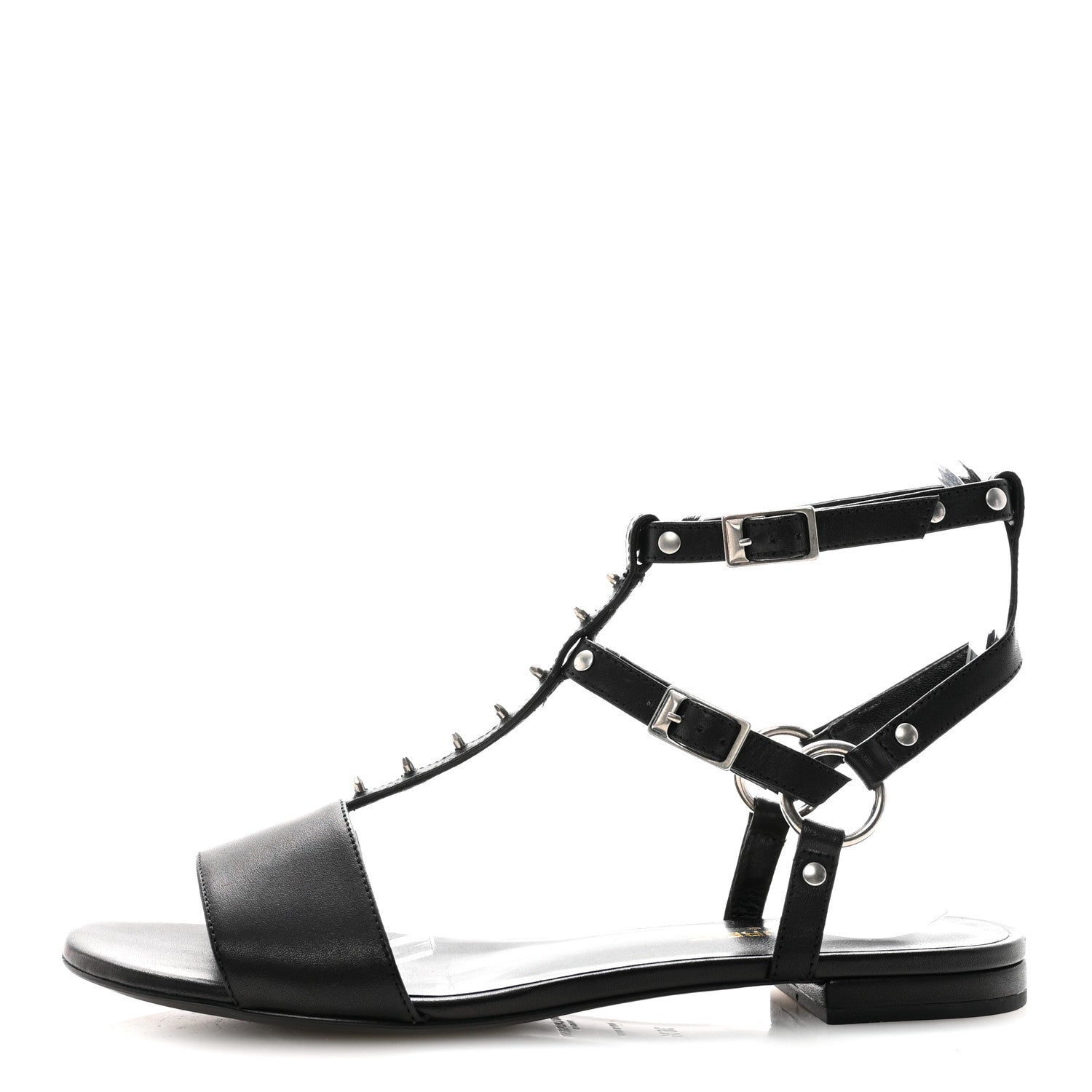 Saint Laurent Calfskin Studded Ankle Strap Sandals 36.5 Black 1 of 10