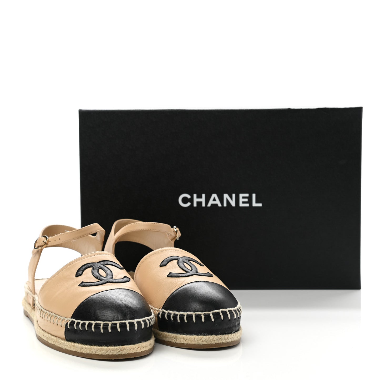 Lambskin Cap Toe CC Espadrille Sandals 40 Beige Black